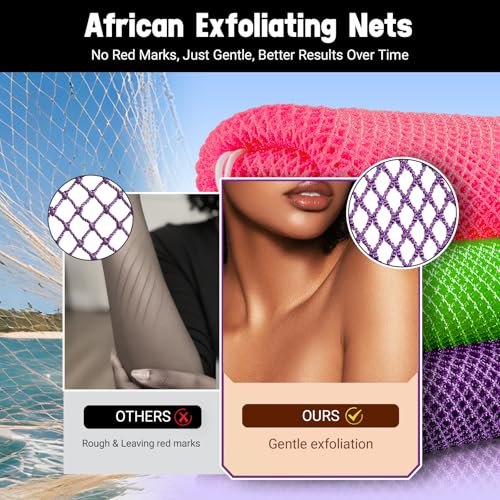 African Net Sponge Authentic 3 Pieces Gentle Exfoliating Body Scrubber Bath Sponges for All Skin Types, African Exfoliating Net Sponge with Handles Washcloth Loofah Bathing Accessories for Shower - style: Bright Green, Bright Pink, Purple