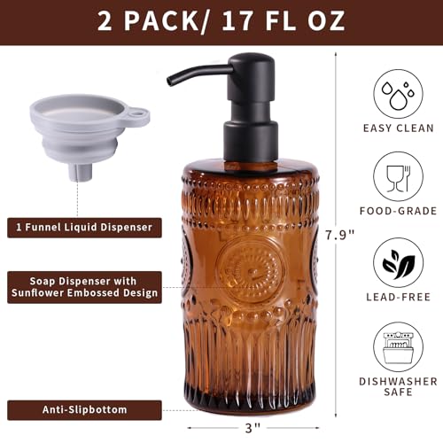 17 OZ Sunflower Embossed Glass Soap Dispenser - 2 Pack, with 304 Rust Proof Stainless Steel Pump, Glass Soap and Lotion Dispenser Set, Liquid Hand Soap Dispenser for Home, Kitchen & Bathroom (Amber) - color: Amber