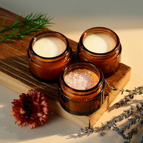 45Pack 2oz Small Amber Glass Jars with Lids, Lotion Container, Cosmetic Containers, Little Travel Jars for Creams with Mini Spoon, Black Label
