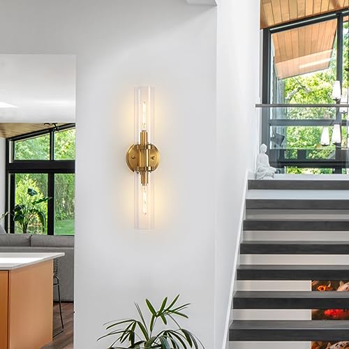 KUZZULL Wall Sconces Set of Two Brushed Brass Gold Sconces Lighting with Clear Glass Wall Lamp Modern Wall Sconce Light Fixtures Sconces Decor Set of scones Lights Set of 2 - color: brass goldclear