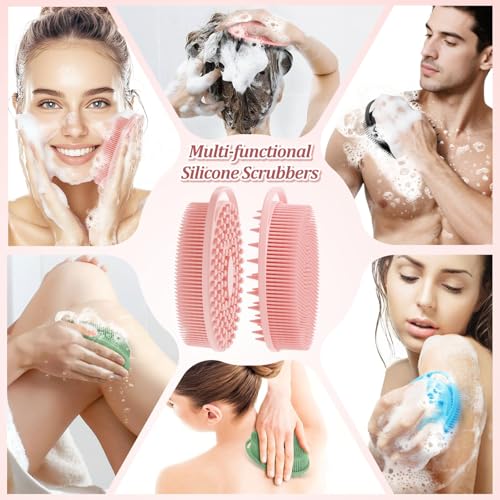 Soft Silicone Body Scrubber Set, 2PCS Dual-Side Silicone Loofah for Gentle Exfoliating and Scalp Massaging, Hygienic Shower Scrubber Shampoo Brush for Kids, Women, Sensitive Skin(Pinkx2) - color: Pink*2