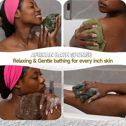 SubSahara Authentic African Net Sponge - 4 Pack Exfoliating Bath & Shower Loofah Sponge for Body & Face, Gentle Scrubber for All Skin Types, Travel, Durable - color: Brown,linen,olive Green,light Green