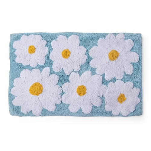 voyzz home 100% Cotton Aqua Bath Rug Mat Extra Soft and Cute Spring Daisy Rug, White and Yellow Flower Decor Rug, Super Water Absorbent and Machine Washable Mats for Bath Floor, Tub and Shower 20 x 32 - color: Aqua Blue Flower Single 20x32