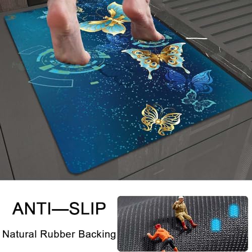 Bath Mat Rug,Blue and Gold Butterfly Non Slip Quick Dry Super Absorbent Thin Bathroom Rugs Fit Under Door-Easy to Clean Bathroom Floor Mats-Shower Rug for Shower Sink Bathtub(20" x 31"in) - color: Blue and Gold Butterfly, size: 1'8" X 2'8" (Rectangular)