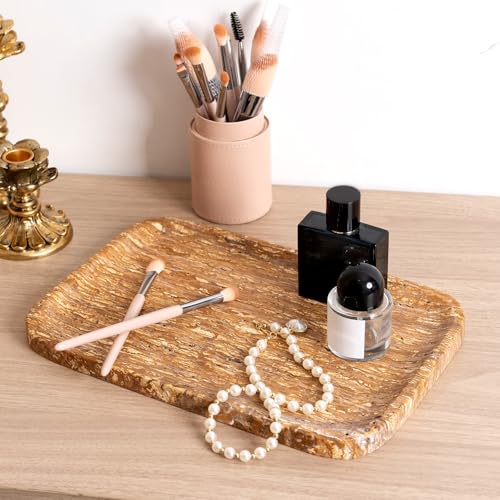 Karibiber Natural Marble Vanity Tray, 11.8" Travertine/Stone Bathroom Tray Countertop, Golden Stone for Perfume Jewelry Holder, Decorative Dresser Organizer, Storage for Kitchen Sink(Walnut Traver) - color: Iran-travertine