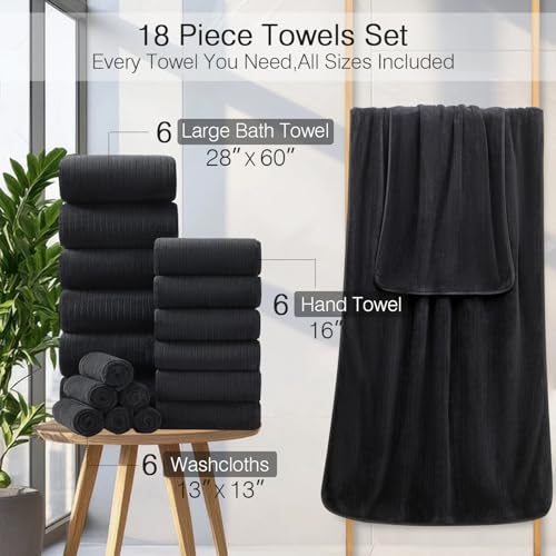18 Piece Family Bath Towel Set Include 6 Bath Towels,6 Hand Towels and 6 Washcloths Soft Bathroom Towel with Hanging Loops,Highly Absorbent Quick Dry Towels Set for Bathroom,Hotel and Spa-Black - color: Black, size: 18-Piece Set