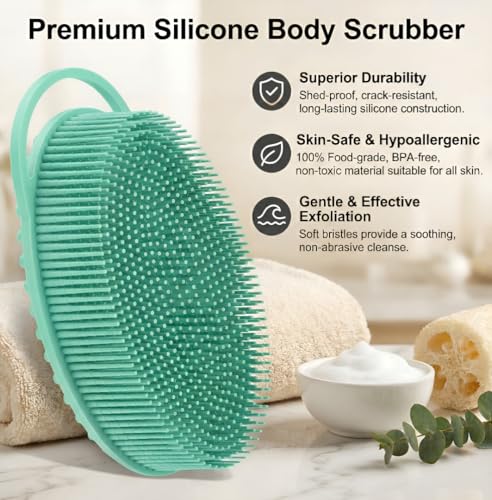 Silicone Body Scrubber, Exfoliating Loofah Alternative for Women Men, Soft Silicone Body Shower, 2 in 1 Bath and Shampoo Brush for Sensitive Skin, Back,Showering,Brush Exfoliator (Green) - size: Green