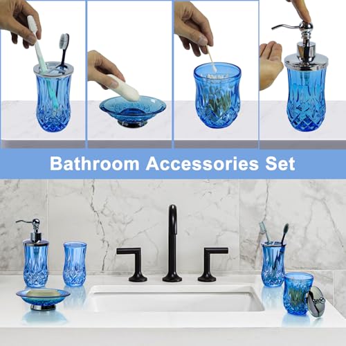 Bathroom Accessories Set,5 Pcs Blue Glass Bathroom Accessory Set,Complete Lotion Soap Dispenser,Toothbrush Holder,Soap Dish,Tumbler & Jar,Modern Bathroom Decor Sets Gift,Round - style: Round(Blue)