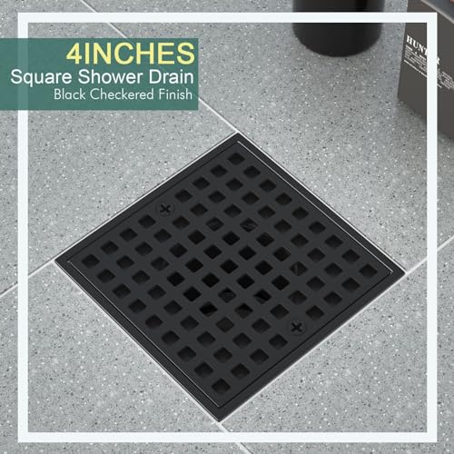 4 Inch Shower Floor Drain with Flange - Square Shower Drain with Hair Strainer - Removable Grid Strainer Cover - SUS304 Stainless Steel - Matte Black - color: Matte Black