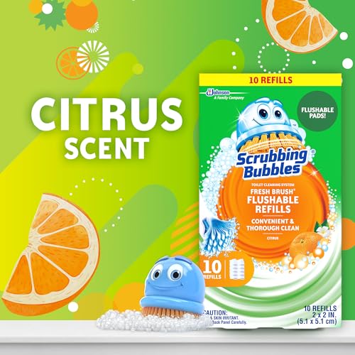 Scrubbing Bubbles Flushable Toilet Bowl Wand Cleaner Refills, Fresh Brush Cleaner Toilet Refill Pads, Removes Limescale & Odors, Citrus Scent, 10 Count (Pack of 12) - size: 10 Count (Pack of 12), style: Refill