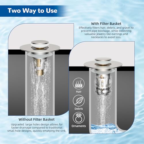 Hibbent Upgraded 3 in 1 Bathroom Sink Drain Strainer, Universal Pop Up Stopper with Removable Stainless Steel Filter Basket Hair Catcher, Sink Plug for 1.1''~2.36'' Basin, Brass Core, Brushed Nickel - color: Brushed Nickel