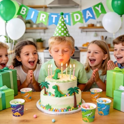 WRAPAHOLIC 3oz Dinosaur Paper Cups - 100 Pack Disposable Bathroom Cups with Green Orange Blue Purple 4 Designs, Small Mouthwash Cup for Toothbrush Rinse, Home Bathroom Baby Shower and Kids Birthday - color: Green/Orange/Blue/Purple Dinosaur
