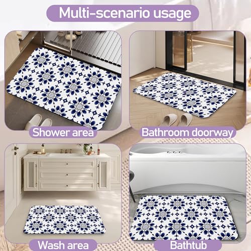 Navy Blue Geometric Bathroom Mat, Non Slip Rubber Backed Fast Dry Bath Rug, Thin Bath Mat for Bathroom Kitchen 17"x30" - color: Navy Blue Geometric