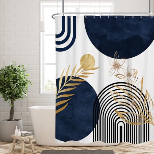 Blue and Gold Shower Curtain Abstract Boho Modern Mid Century Navy Geometric Neutral Contemporary Minimalist Leaves Botanical Fabric Cloth Bathroom Decor Set 60x72 inch Polyester 12 Hooks - color: Blue, size: 60"W x 72"L (Pack of 1)