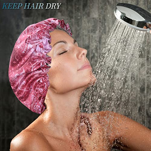 Shower Caps for Women, Extra Large Adjustable Waterproof Reusable Shower Cap, Hair Cap for Shower Hat for Women Girls Long Thick Hair, Bath Caps for Hair Protection - color: Red Print, size: X-Large