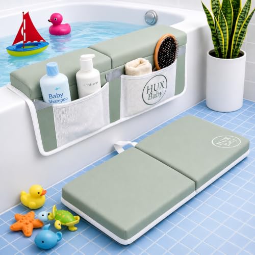 Comfortable Baby Bath Kneeler and Elbow Rest Pad Set, Non-Slip Bathtub Kneeling Pad for Bathing Baby, Bath Tub Cushion Mat, Elbow Pads, Toy Organizer Storage Pockets, Strong Suction Cups (Green Gray) - color: Green Gray
