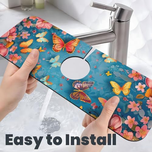 Kitchen Sink Splash Guard Faucet Mat, Butterflies Yellow Flowers Diatom Mud Absorbent Draining Mat For Kitchen Sink Bathroom - color: Butterflies Yellow Flowers, size: One Size