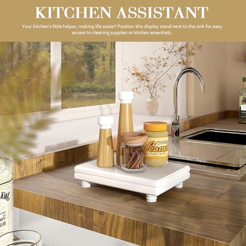 EOSAHR Decorative Pedestal Stand for Home Decor – Farmhouse Bathroom Counter Organizer & Soap Holder for Bathroom Sink - Small Wooden Tray for Kitchen & Bathroom Decor (White) - color: White