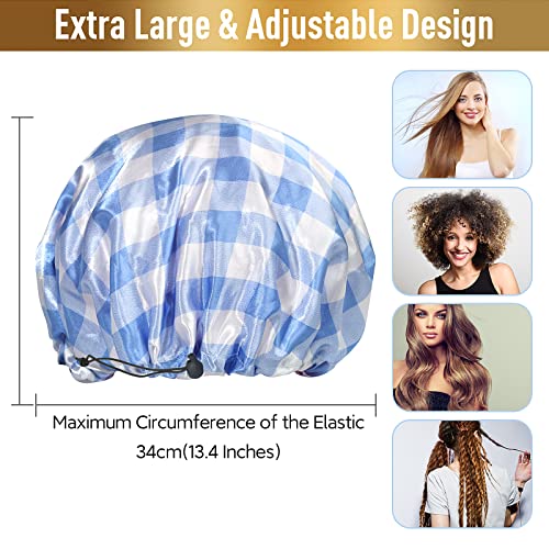Shower Cap for Women Reusable Waterproof, Double Waterproof Layers Large Shower Cap, Plastic Shower Caps with PEVA Lining Bathing Cap Adjustable Elastic Band Hair Cap for Shower - color: Blue Plaids, size: X-Large