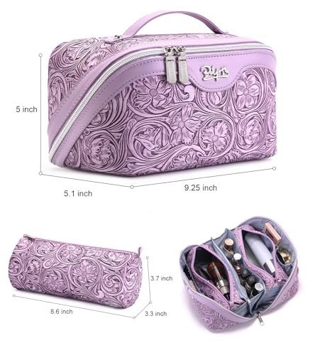 BOYATU Travel Makeup Bags Cosmetic Organizer Bag: 3 Pcs Set Large Capacity Floral Make up Bag with Compartments - Waterproof Leather Toiletry Bags with Handle for Women (21-Purple) - color: 21-Purple