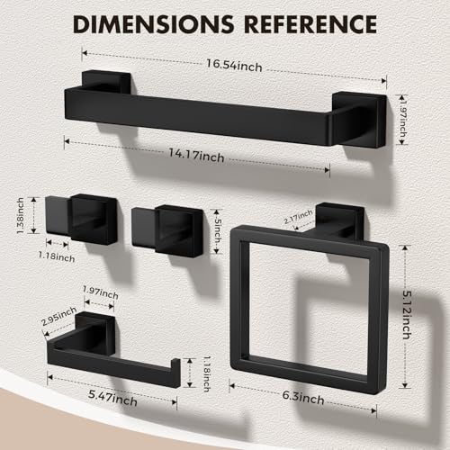 Bathroom Accessories Towel Bar Set: 15 Pieces Matte Black Bathroom Hardware Square SUS304 Stainless Steel - Wall Mounted Towel Rack&Toilet Paper Holder&Towel Ring and Towel Hook - color: Matte Black, size: 16inch 15 Pieces