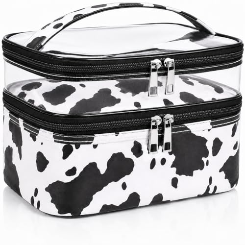 Double-layer Cosmetic Bag Makeup Bag Travel Makeup Bag Makeup Bags for Women Cosmetics Cases Portable Waterproof Foldable (Cow Print) - color: Cow Print