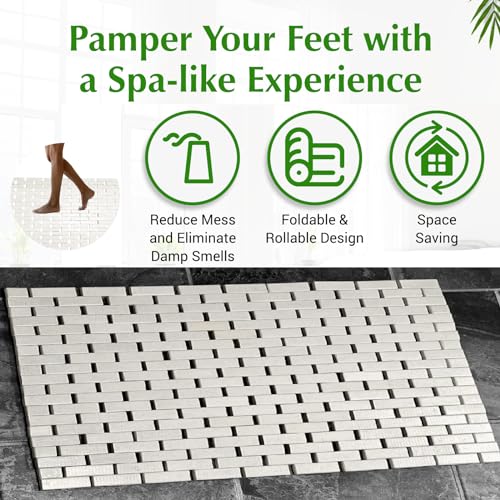 Bamboo Bath Mat White Bamboo Mat 48 x 16 Inches and Wooden Soap Dish Set Bathroom Rugs Bathtub Mat Non Slip Bath Mats for Bathroom, Kitchen Sauna Spa Hot Tub Outdoor Decor - color: White, size: 48x16