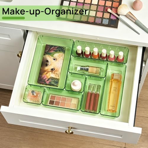 Vtopmart 25 PCS Clear Plastic Drawer Organizers Set, 4-Size Versatile Bathroom and Vanity Drawer Organizer Trays, Storage Bins for Makeup, Bedroom, Kitchen Gadgets Utensils and Office - color: Clear Green