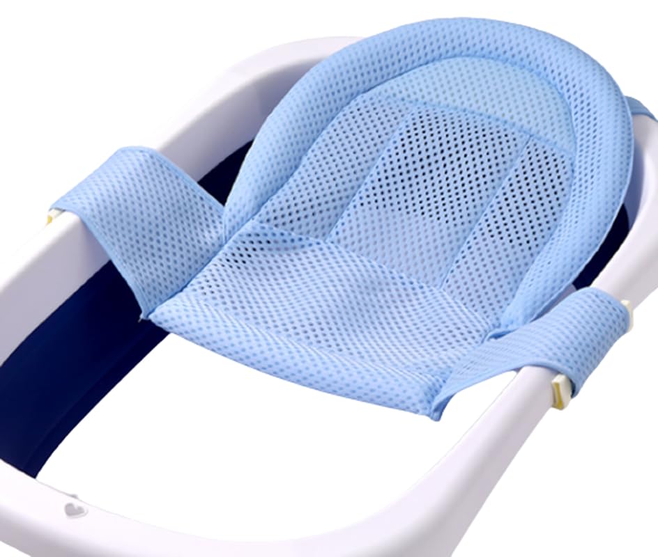 Adjustable Baby Bath Support Mesh Sling Non-Slip Infant Bathtub Shower Net Breathable Newborn Bath Cushion Pad Quick Drying Bathing Sling for Toddler Aged 0-3 (No Bathtub) - color: blue
