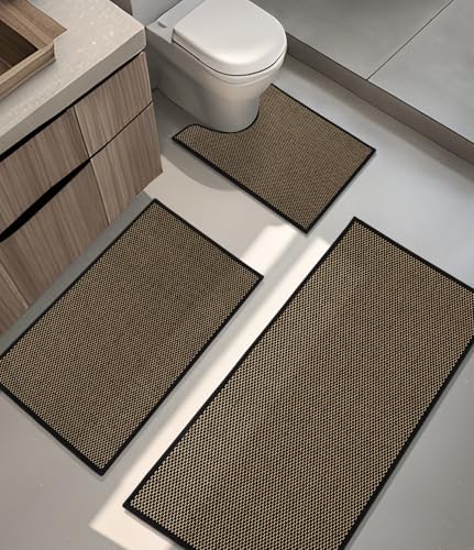YIHOUSE Bathroom Rugs Sets 3 Pieces, Black Ultra Thin Bath Mats Fit Under Door, Absorbent Quickly Dry Rubber Backing Braided Bath Mat Set, Non Slip Washable Bath Rugs for Bathroom Floor, Black - color: Black, size: 3pieces