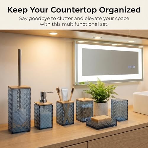 Blue Bathroom Accessory Set, 6 PCS Blue Bathroom Accessories Set, Soap Dispenser, Toothbrush Holder, Soap Dish, Mouthwash Cup, Cotton Swab Holder and Toilet Brush, Acrylic - color: Blue