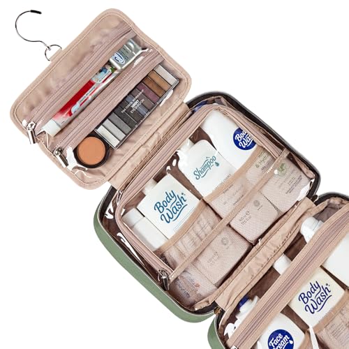 NISHEL Large Double Layer Travel Makeup Bag Women, Cosmetic Case, Organizer for Travel-Size Accessories Bottles, Brushes, Conditioner, and Skin Care Products, Bronze Green - color: Bronze Green, size: Large
