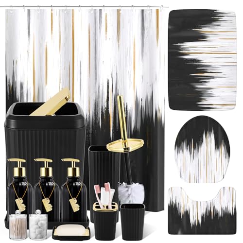 32PCS Bathroom Sets with Shower Curtain and Rugs-Purple Bathroom Accessories,Non Slip Bathroom Rugs Set with Toilet Lid Cover, Waterproof Shower Curtain, 3PC Soap Dispenser with Trash Can - size: Bath Set + Oil Painting Shower Curtain + Bath Rugs, style: