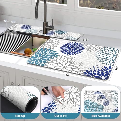 Findosom 2PCS 16" x 24" Dish Drying Mat & 24" x 5.5" Sink Splash Guard, Super Absorbent & Cuttable Dish Mat Drying Kitchen Mat with Blue Floral, Hide Stain Drying Mat for Kitchen Counter - color: Blue, size: 16" X 24" + 24" X 5.5"
