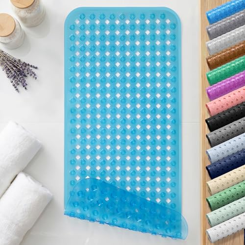 Yimobra Bathtub Mat Non Slip, 35"X16" Shower Mat with Strong Suction Cups & Drain Holes, Long Anti Slip Bath Tub Mat for Inside Shower, Machine Washable Fast Drying, Bathroom Essentials, Clear Blue - color: Clear Blue, size: 34.5 X 15.5 Inch