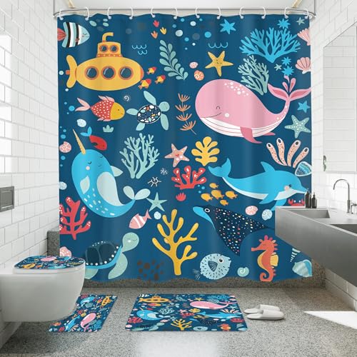 4 PCS Navy Blue Kids Bathroom Set Summer Ocean 72Wx72H Shower Curtain Set, Bath Rug Toilet Lid Cover Nonslip U Shape Mat Whale Funny Cartoon Cute Aniaml Accessories 12 Hooks Bathroom Decor - color: A 02 Navy, size: 72"W x 72"L (Pack of 4)