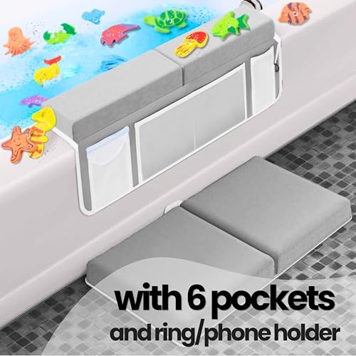 Bath Kneeler –8 Suction Cups & 1.5" Padding.Certified Non Toxic Bath Kneeling Pad for Bath Tub & 5 Bath Toy Organizer. Fast Dry Baby Bath Kneeler and Elbow Rest Pad Set by Supa Ant - Grey - color: Grey With White Pockets