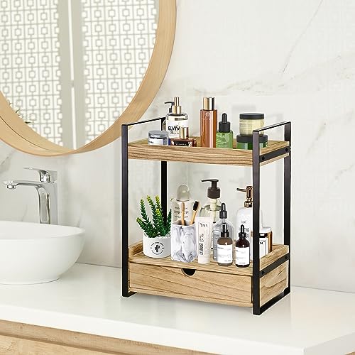 Ukonvi 2-Tier Bathroom Organizer Countertop with Drawer, Wood Counter Shelf for Storage, Vanity Tray for Organization and Decor, Countertop Organizer for Bathroom, Kitchen, Office (Brown) - color: Brown