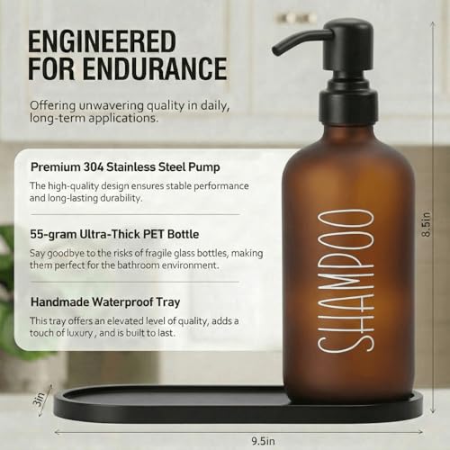 MOMEEMO Amber Shampoo and Conditioner Bottles with Tray, Shower Bottles Refillable with Labels, Hotel Shampoo and Conditioner Dispenser for Shower, Body Wash Container with Pump (Amber) - color: Amber Black