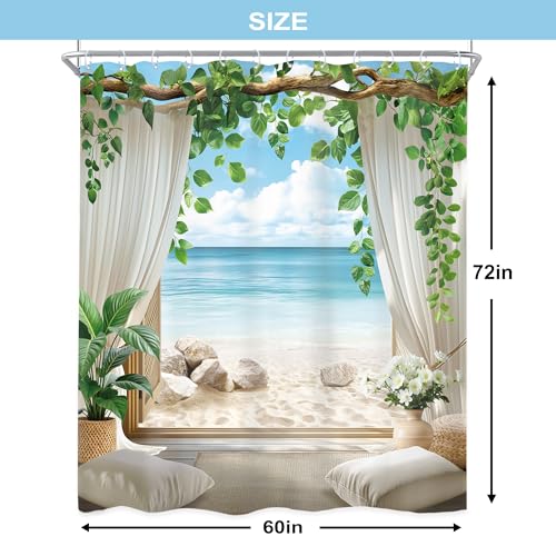 Newsely Ocean Beach Shower Curtain 60Wx72L Inch Beachy Tropical Coastal Blue Sea Summer Hawaiian Nature Landscape Green Leaves Bathroom Set Modern Waterproof Bath Decoration Accessories Home Decor - color: B-01beach, size: 60"W x 72"L (Pack of 1)