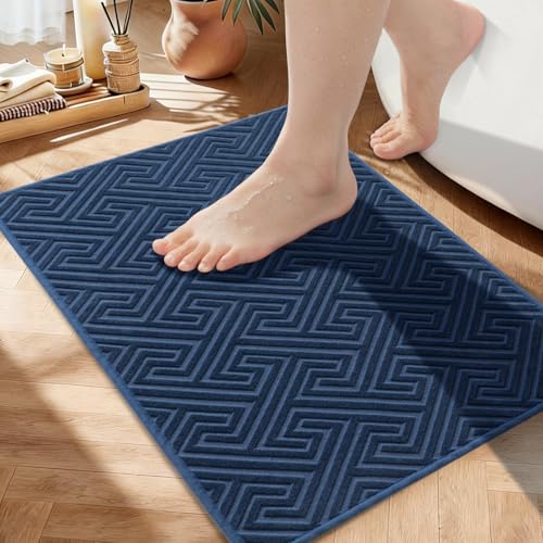 YIHOUSE Navy Blue Bathroom Rugs 17"x24", Quick Dry Non Slip Bath Rug, Absorbent Machine Washable Thin Bath Mat for Restroom Floor Tub Laundry Room Home Decor - color: Navy Blue, size: 1'5" x 2' (Rectangular)