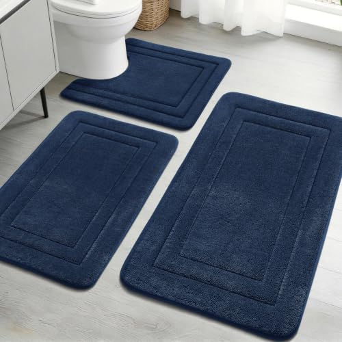 YIHOUSE Bathroom Rugs Sets 3 Piece, Towel-Like Soft Absorbent Thick High Density Memory Foam Bath Mat Set, Non-Slip Machine Washable Bath Rugs for Bathroom, Tub & Shower, Dark Blue - color: Dark Blue, size: 1'8" x 2'8" (3 pieces)