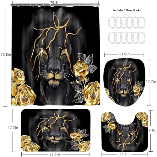 4 Piece Black and Gold Shower Curtain Set with Rugs, Majestic Lion & Golden Rose Art, Luxury Aesthetic Waterproof Fabric Bathroom Decor, Non-Slip Mats & Toilet Lid Cover - color: Gold Lion