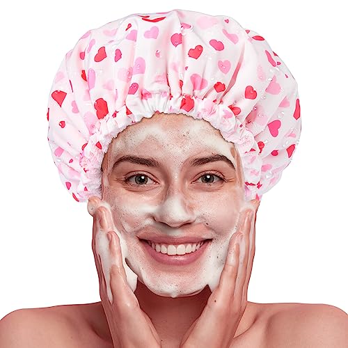 Shower Cap for Women Terry Lined Bath Cap Large Reusable Waterproof Elastic Band Pink Shower Caps for Long Thick Hair Soft Bath Shower Hair Caps - color: Pink Hearts