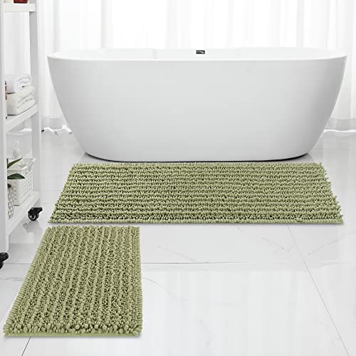 FLOLEOPA Luxury Chenille Sage Green Bathroom Rugs Bath Mats Sets, Extra Soft and Absorbent Bathroom Rugs Non Skid Machine Wash Dry Bath Mats（47"x17" Plus 17"x24"） - color: Sage Green, size: 47"x17" Plus 17"x24"