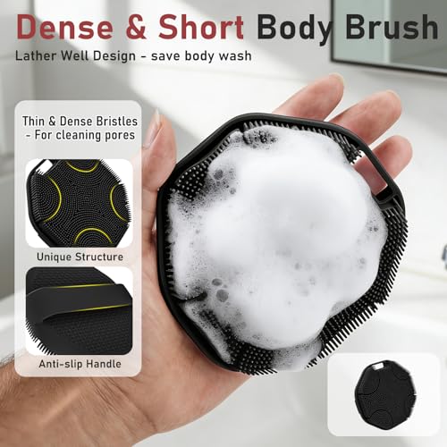 Back Scrubber for Shower for Men 2 Pack, Silicone Body Scrubber with Long Handle, Detachable Body Wash Scrubber Shower Scrub Brush - Lathering Bristles Deep Clean Exfoliator Women Mens Black - color: Grey