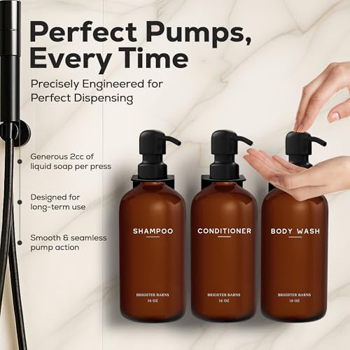 Amber Shampoo and Conditioner Dispenser Set Wall Mounted by Brighter Barns - Plastic Shower Dispenser Set - 3 Chamber Drill Free Shampoo Bottles - Modern Bathroom Decor for Guest Bathroom, Spa (Amber) - color: Modern (Amber)