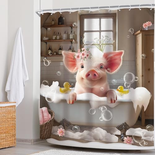 Newsely Funny Pig Shower Curtain 60"W x 72"L Inch Farmhouse Rustic Farm Animal in Bathtub Cute Western Country Shower Curtain Bathroom Set Pink Floral Waterproof Bath Decoration Accessories Home Decor - color: E-01pig, size: 60"W x 72"L (Pack of 1)
