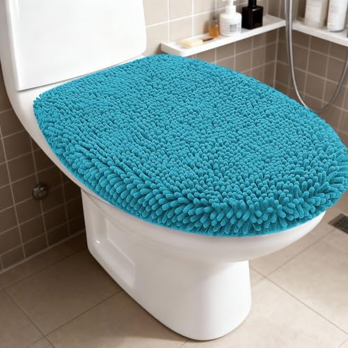 RUN HELIX Bathroom Toilet Lid Cover,Chenille Machine Washable Seat Covers, 17.5x15, Stays in Place Rubber Backing, Fits Most Round, Elongated and Oblong Lids, Accessories Decor,Teal - color: Teal Blue, size: Lid 17.5"x15"