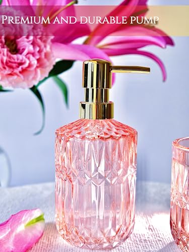 LaMarriti 5pcs Pink Bathroom Accessory Set, Clear Glass Bathroom Set, Soap Dispenser and Toothbrush Holder Set, Soap Dish, Tumbler, Qtips Holder for Crystal Modern Bathroom Decor, Set - style: Pink